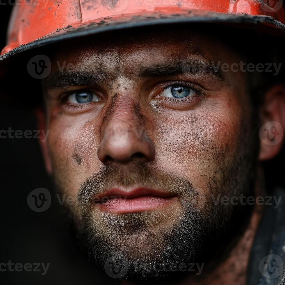 A miner with blue eyes and a dirt-covered face looks intensely at the camera photo