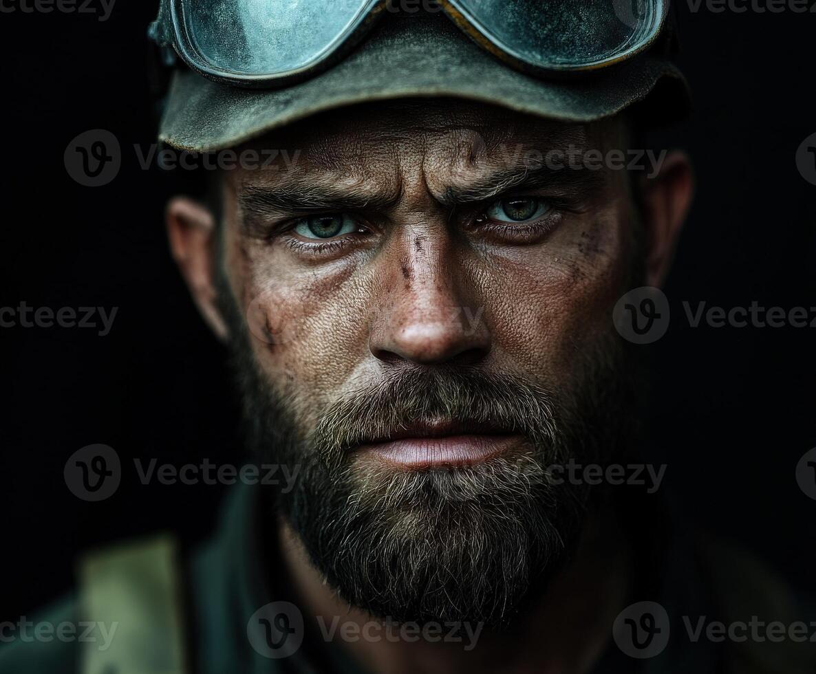 Miner with intense gaze displays resilience after a long day underground photo