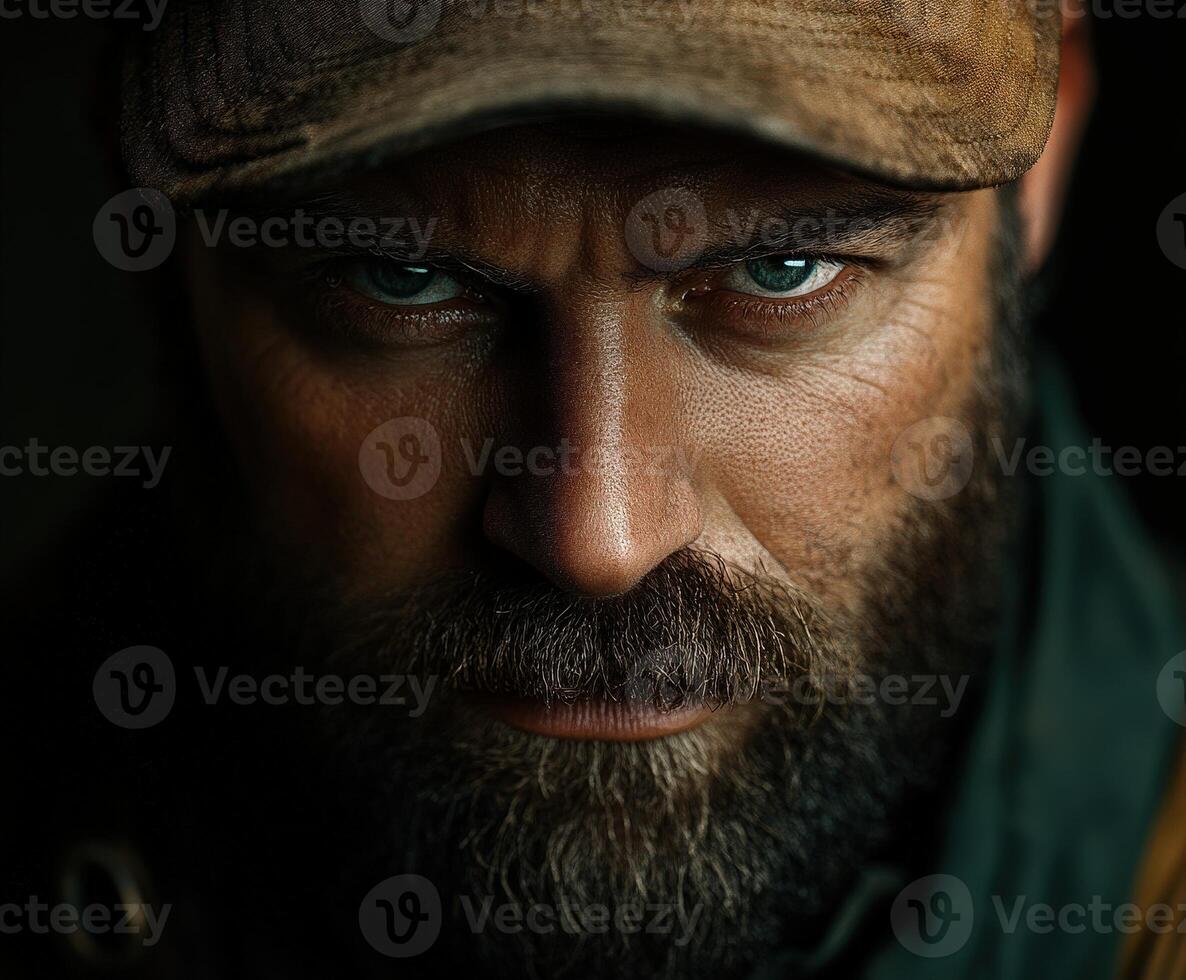 Miner with intense expression working in a dark environment photo