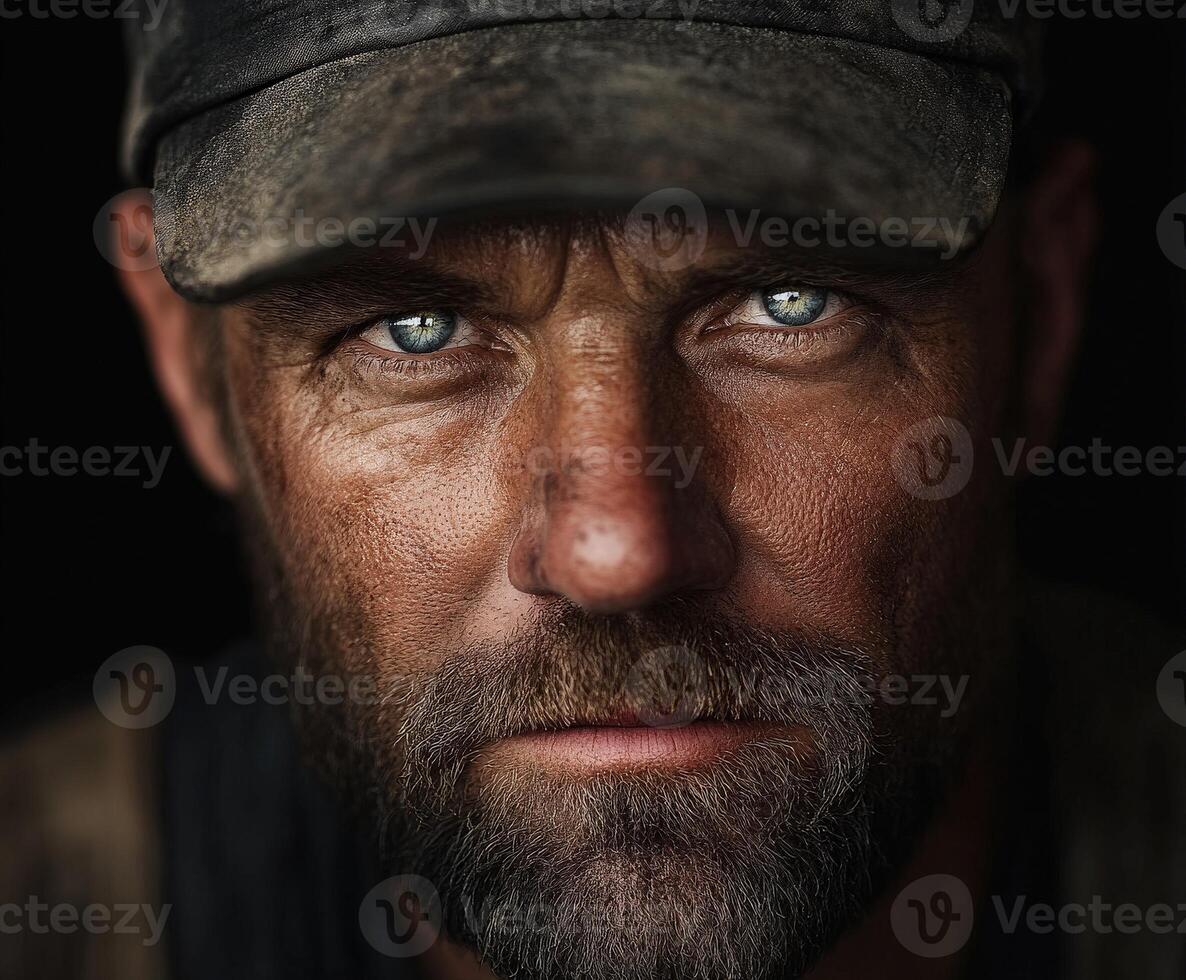 A miner focuses intently, revealing deep lines and dirt on his face photo