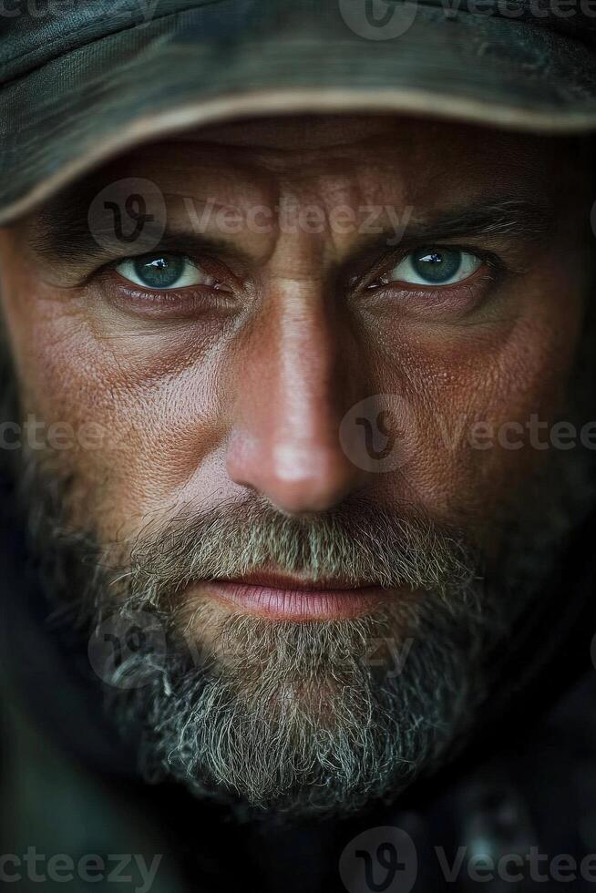 Miner with intense gaze capturing the spirit of hard work and resilience photo