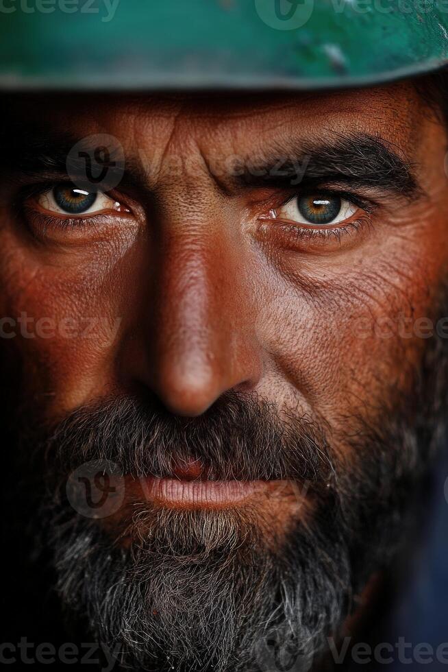 Miner with intense gaze and rugged features during underground work in the mine photo