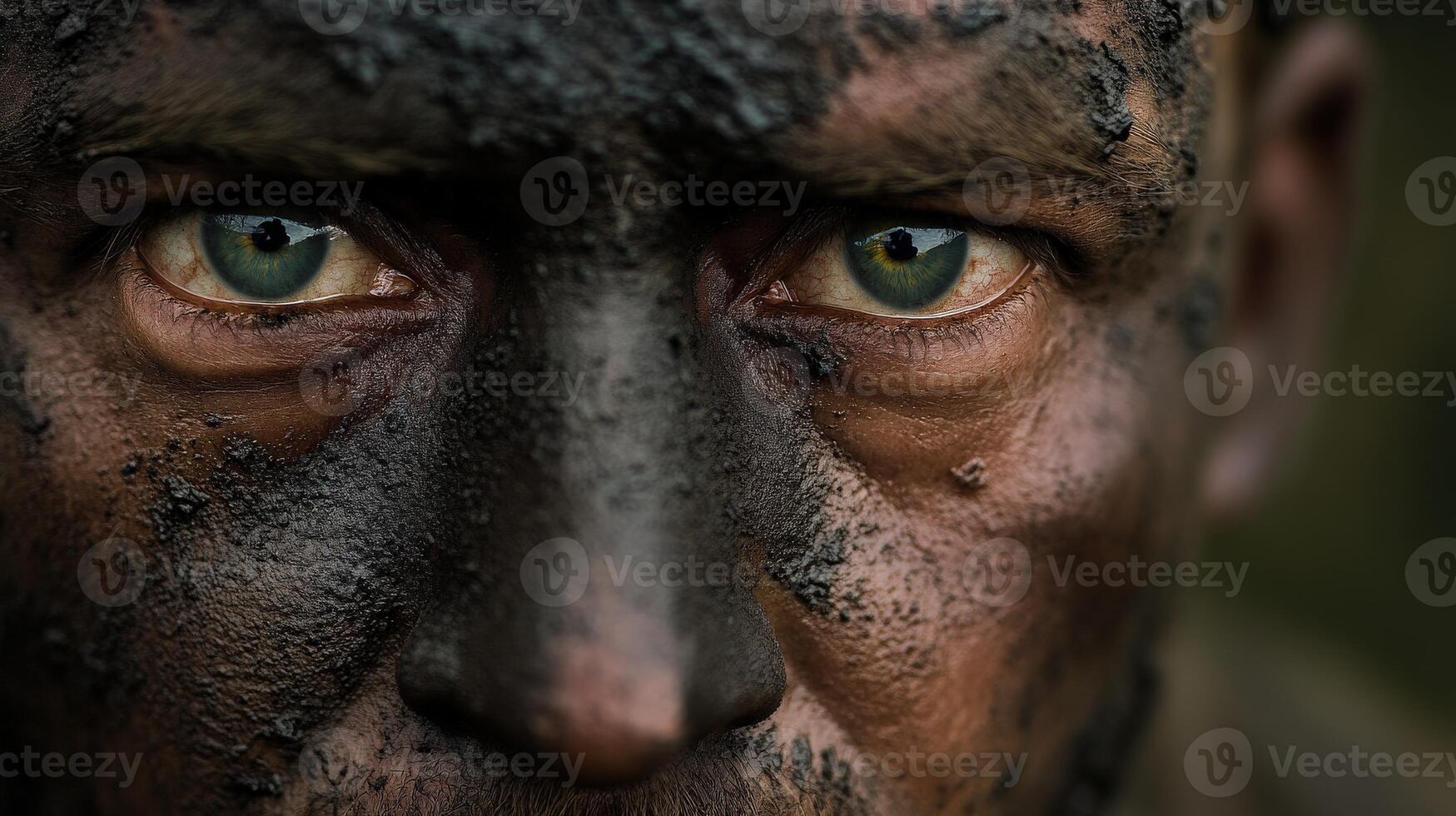 Miner with a dirt-covered face, focused and working underground photo
