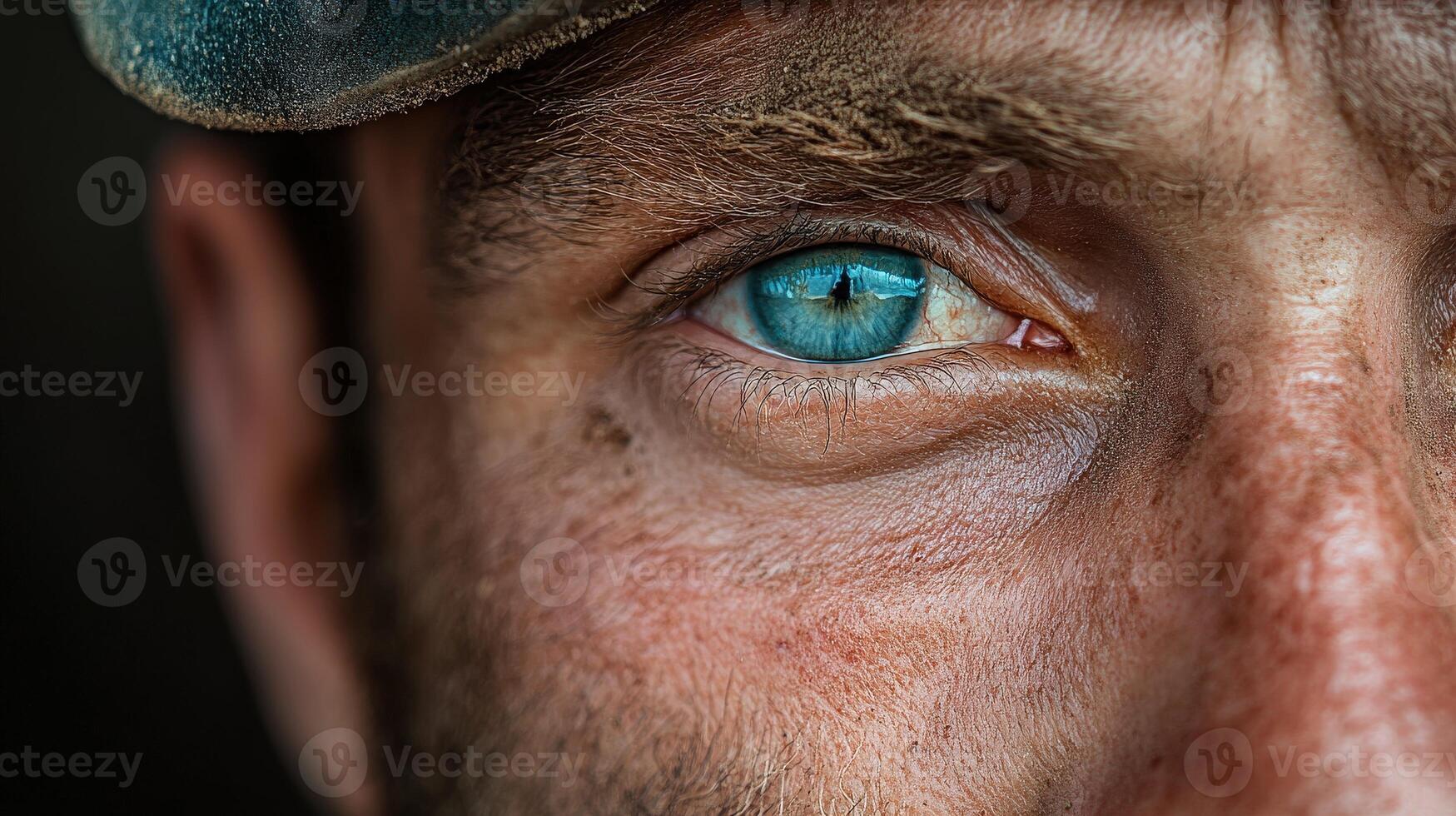 Miner with striking blue eye gazes intently into the depths of the mine photo