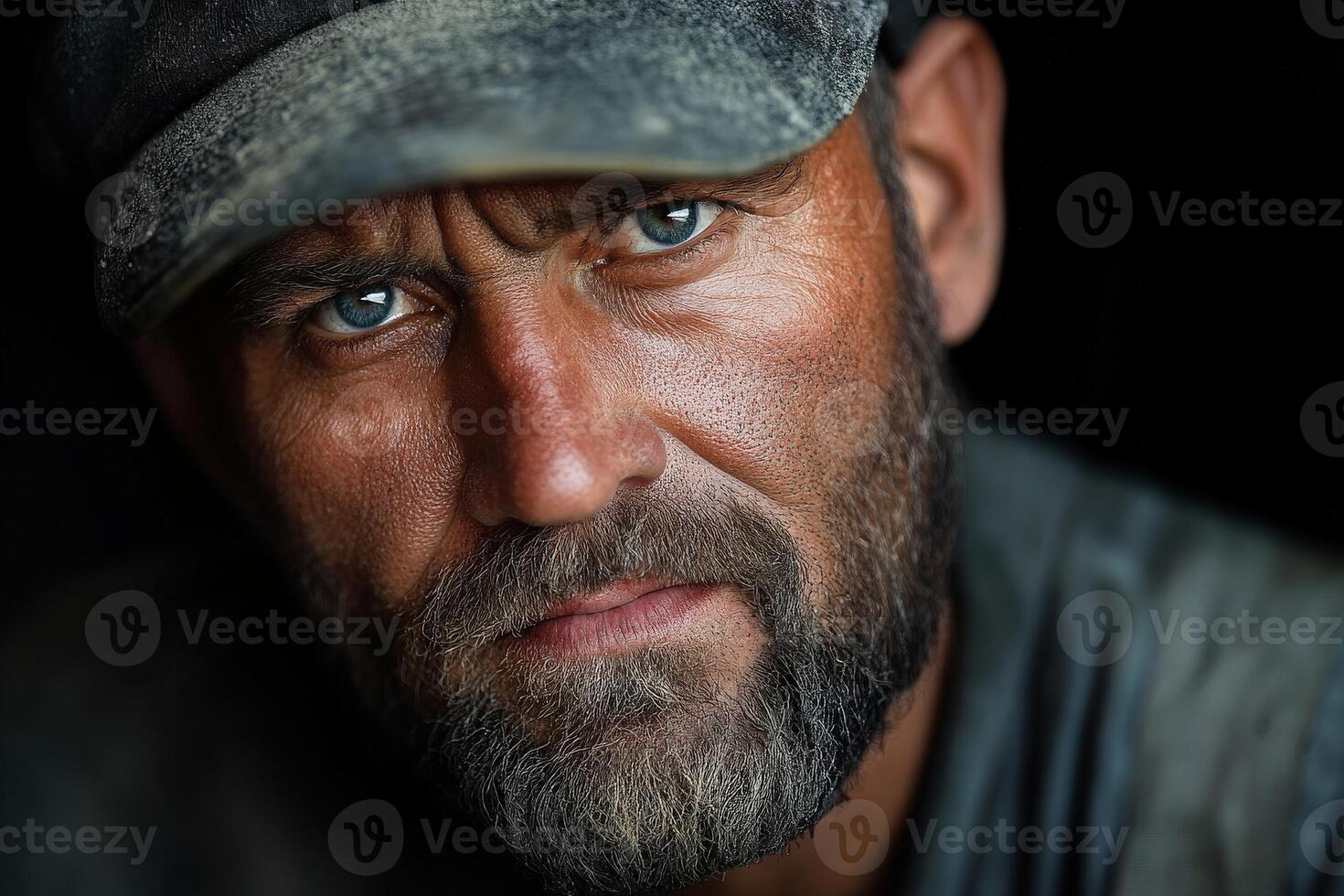 Miner with intense gaze and rugged features working in underground environment photo