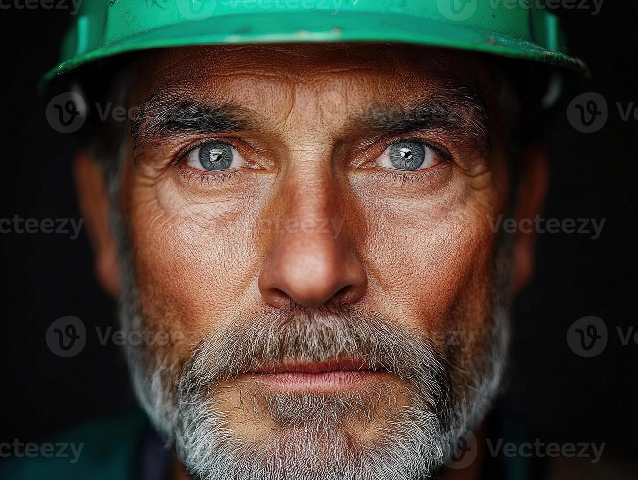 Miner with intense gaze in green helmet showcasing hard work and dedication photo