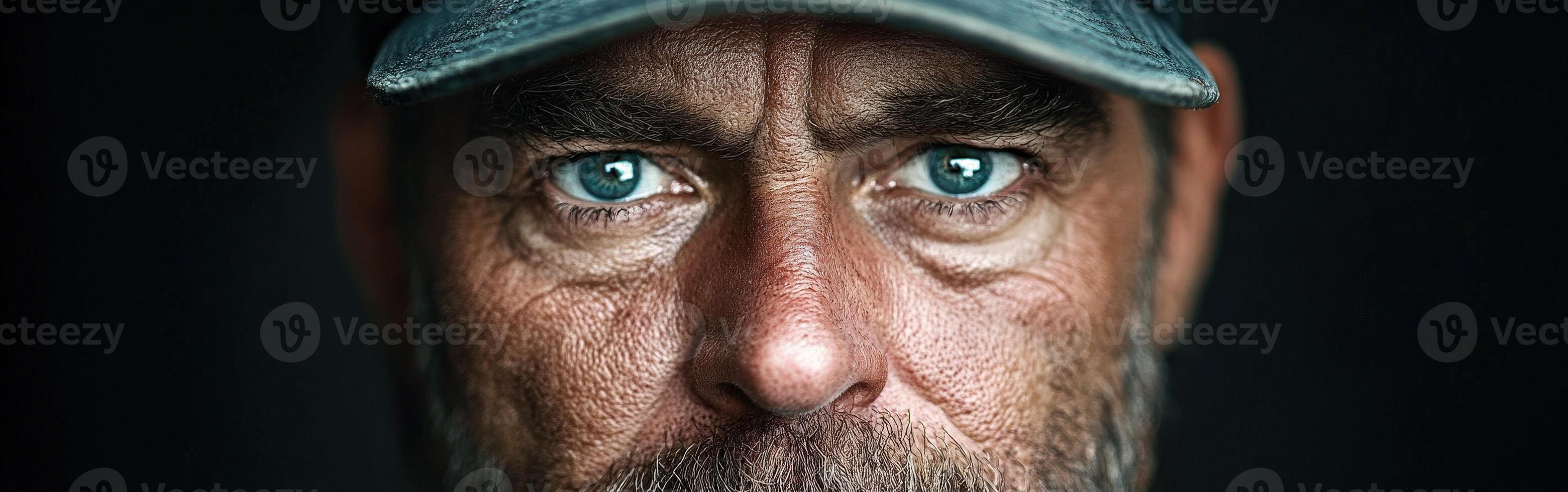 Miner with striking blue eyes and rugged features in close-up portrait photo
