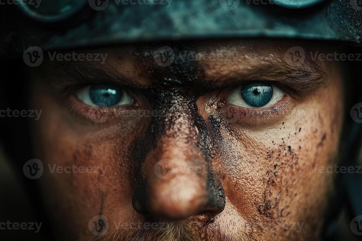 Miner with intense gaze and dirt-streaked face in rugged environment photo