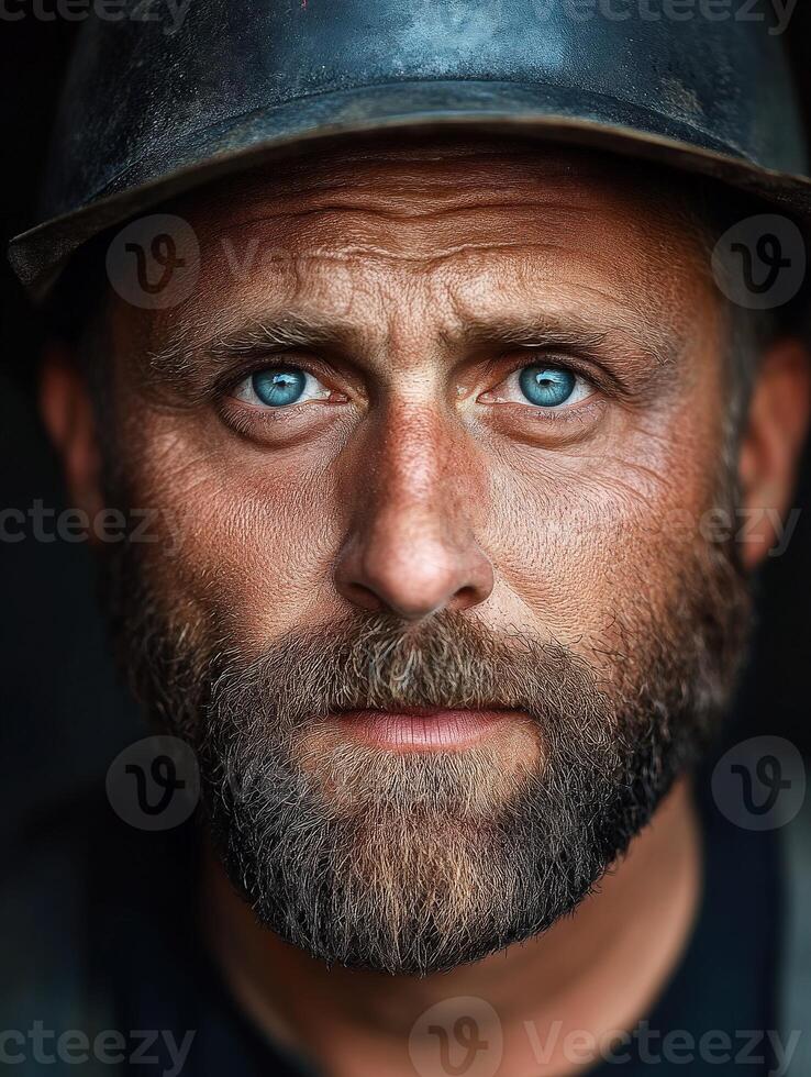 Miner with striking blue eyes wearing a helmet and showing resilience photo