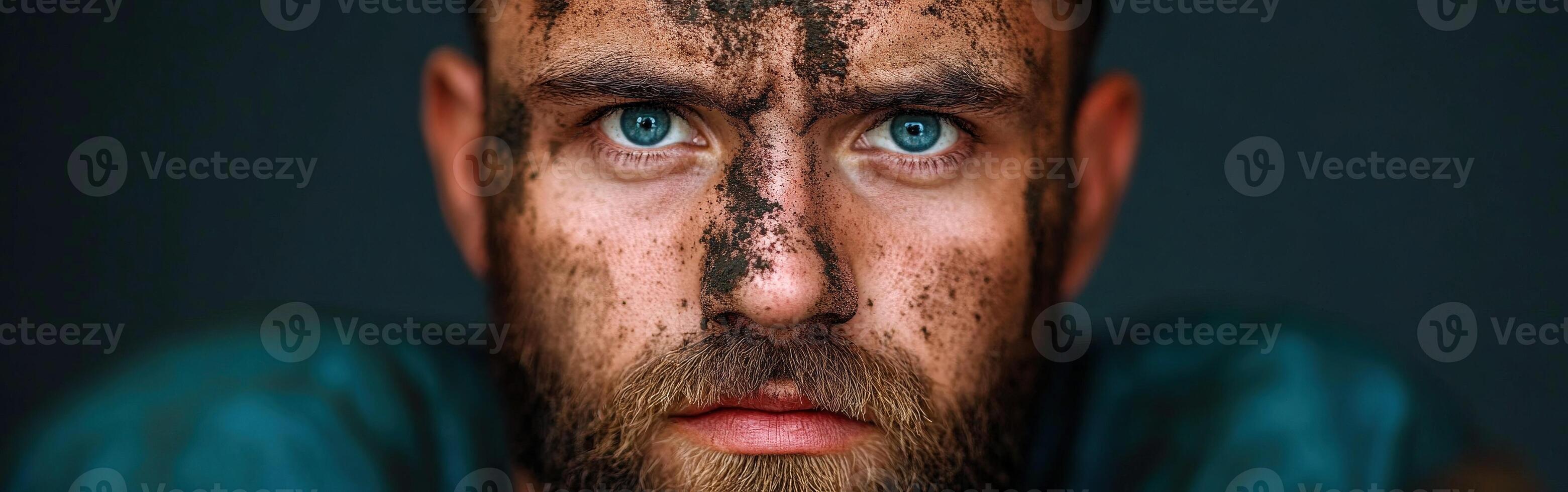 Miner covered in dirt gazes intensely with striking blue eyes photo