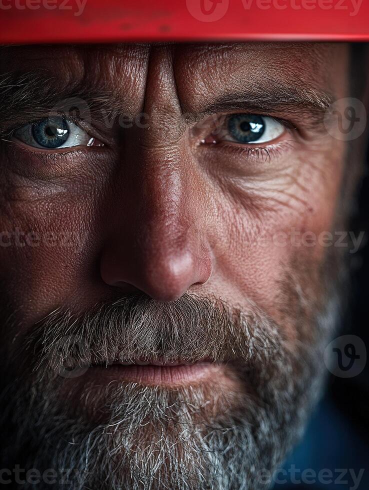 Miner displays determination with piercing gaze and rugged appearance photo