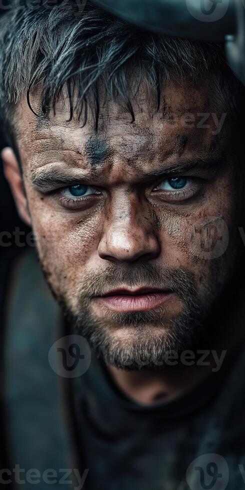 Miner focused on work with intense expression and dirt-streaked face photo