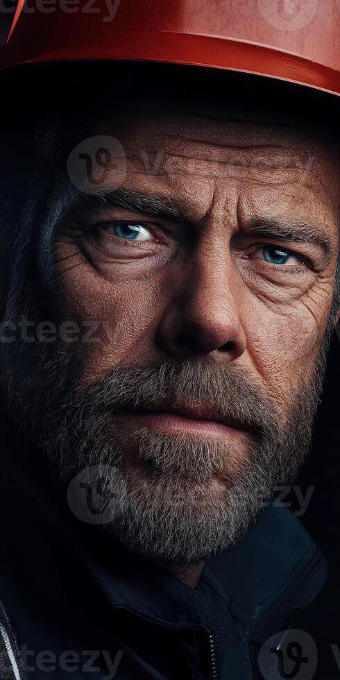 Miner with a rugged appearance and intense gaze in a safety helmet photo