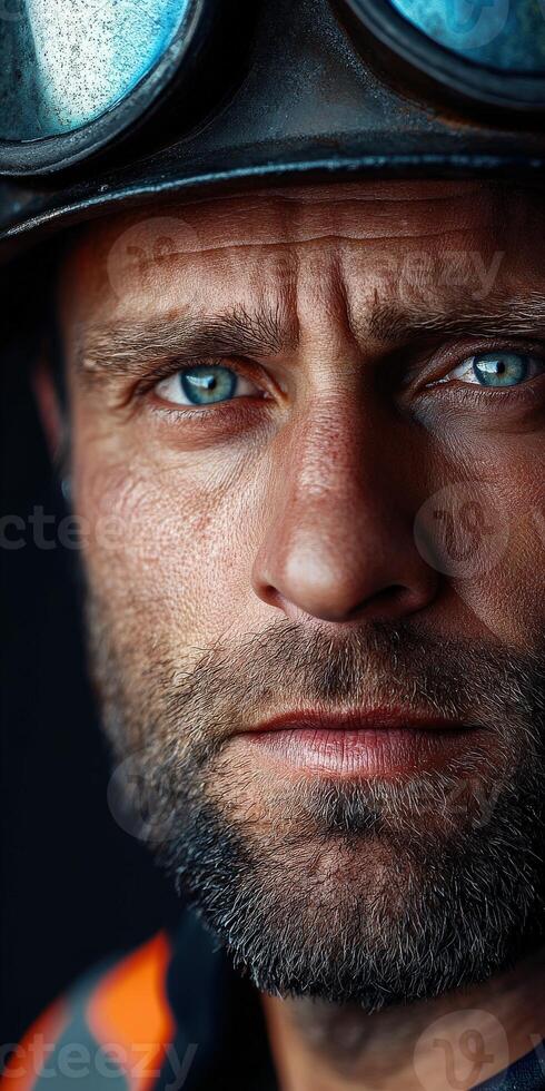 Miner with intense gaze showcasing hard work and determination photo