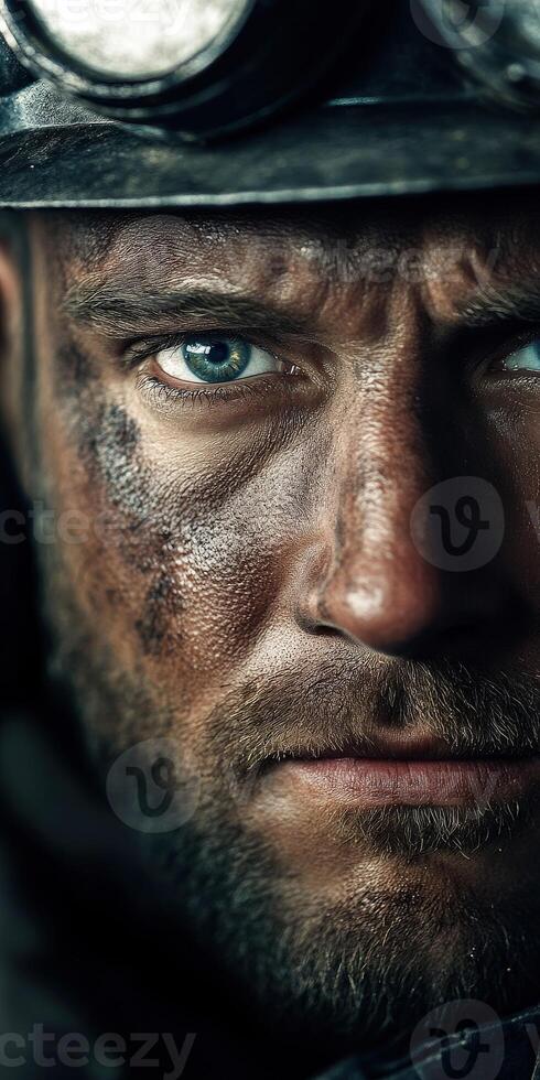 Close-up of a miner's face, showcasing mud and grime from hard work photo
