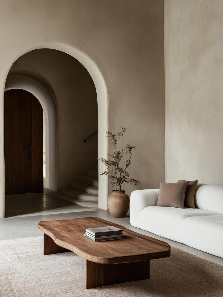 Elegant interior design featuring minimalist furniture and natural elements photo