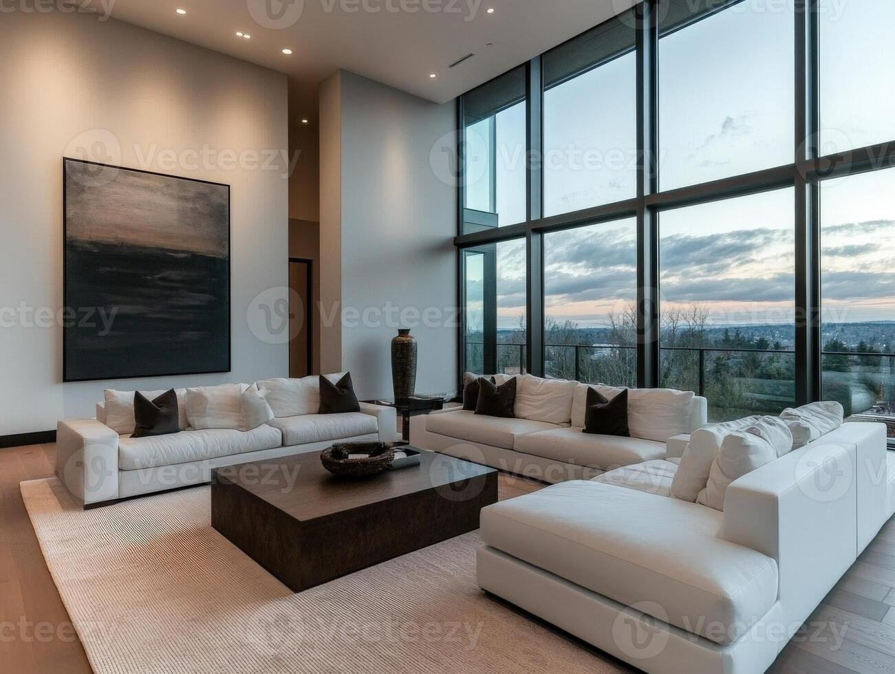 Modern living room design with panoramic view at sunset photo