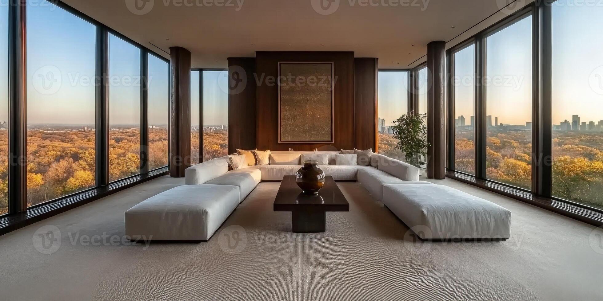 Modern living room with panoramic views of a colorful autumn landscape photo