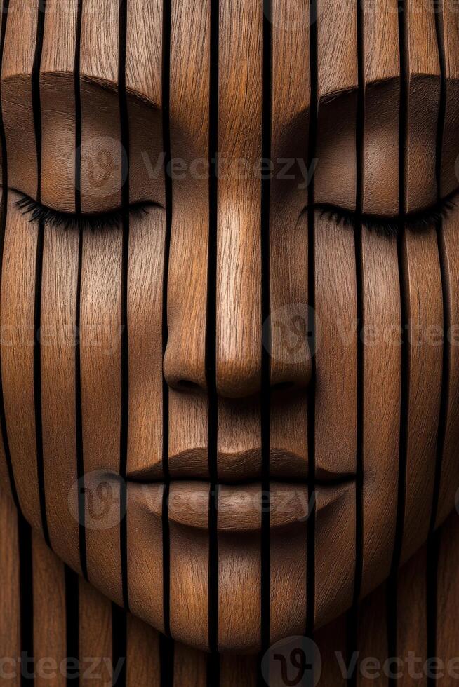 Carved wooden face with vertical slats creating intricate design photo