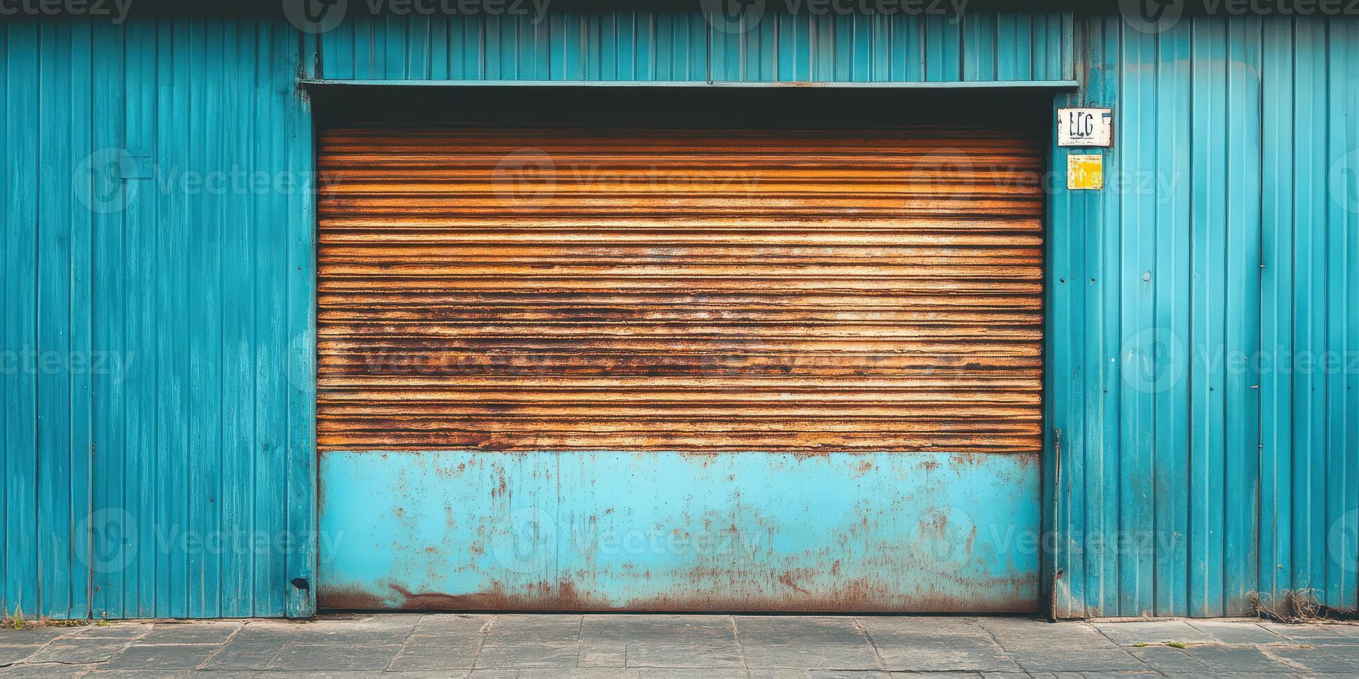 Vibrant blue wall with rusty roll-up door in urban setting photo