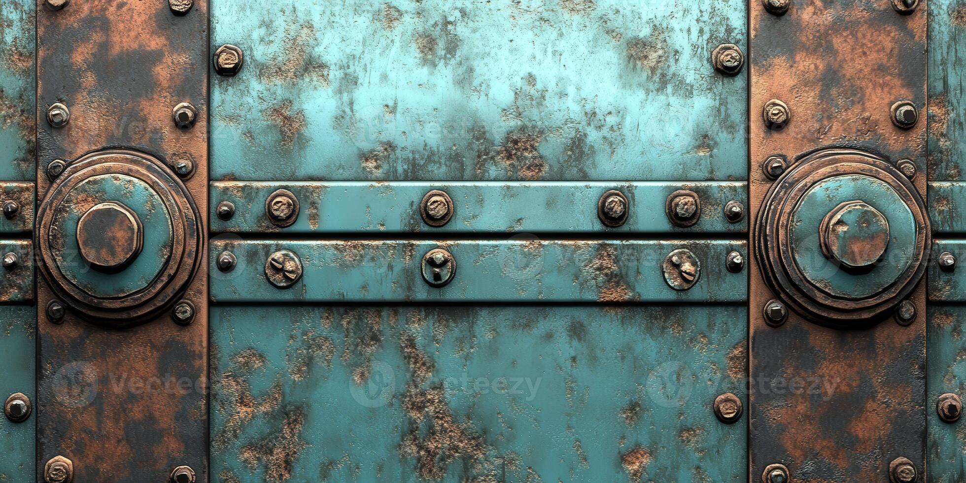 Rusty metallic surface with bold circular rivets in industrial style photo