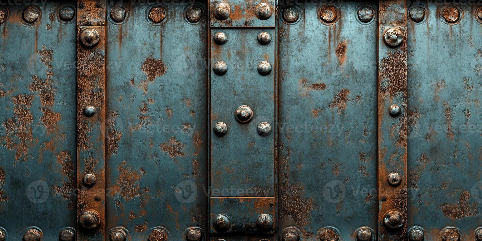 Rusty blue metal surface with rivets showing signs of weathering over time photo