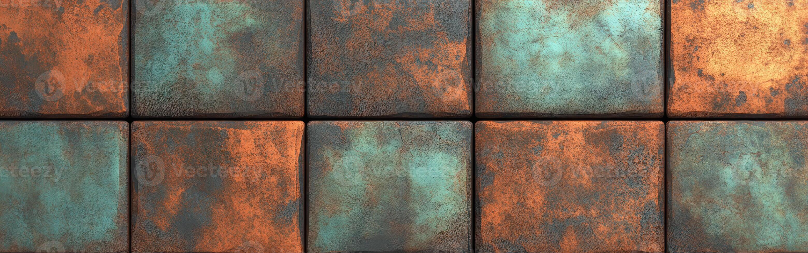 Unique textured tiles with hues of copper and turquoise arranged in a pattern photo
