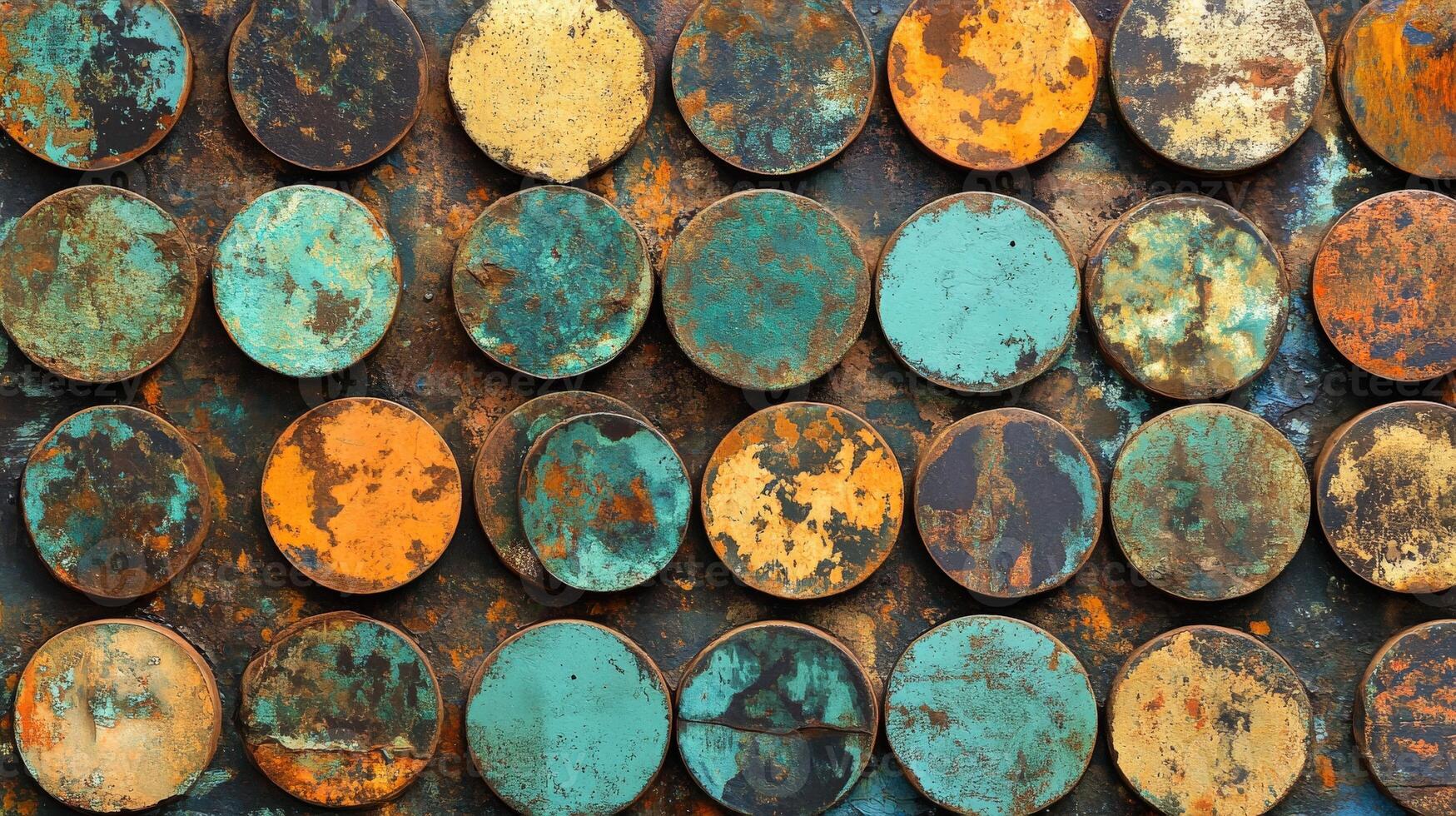 Unique texture of a colorful urban wall art made of circular metal pieces photo