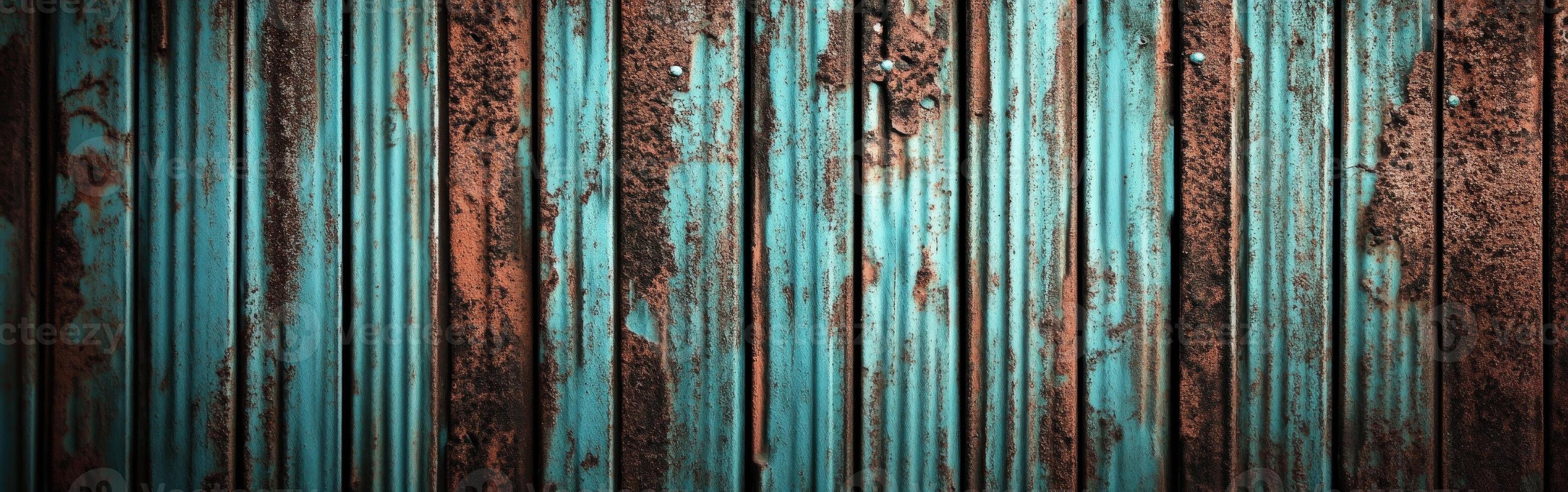 Weathered wooden planks with turquoise and rusty orange hues create texture photo