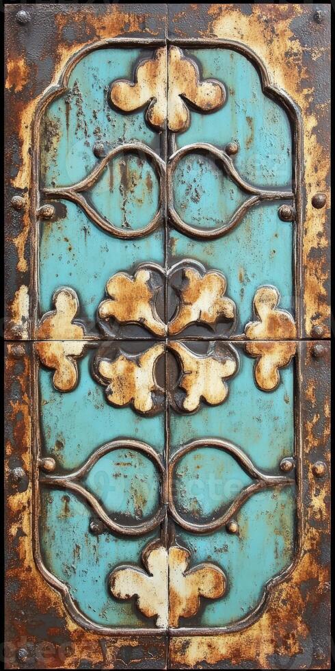 Decorative vintage door with intricate patterns and weathered finish photo