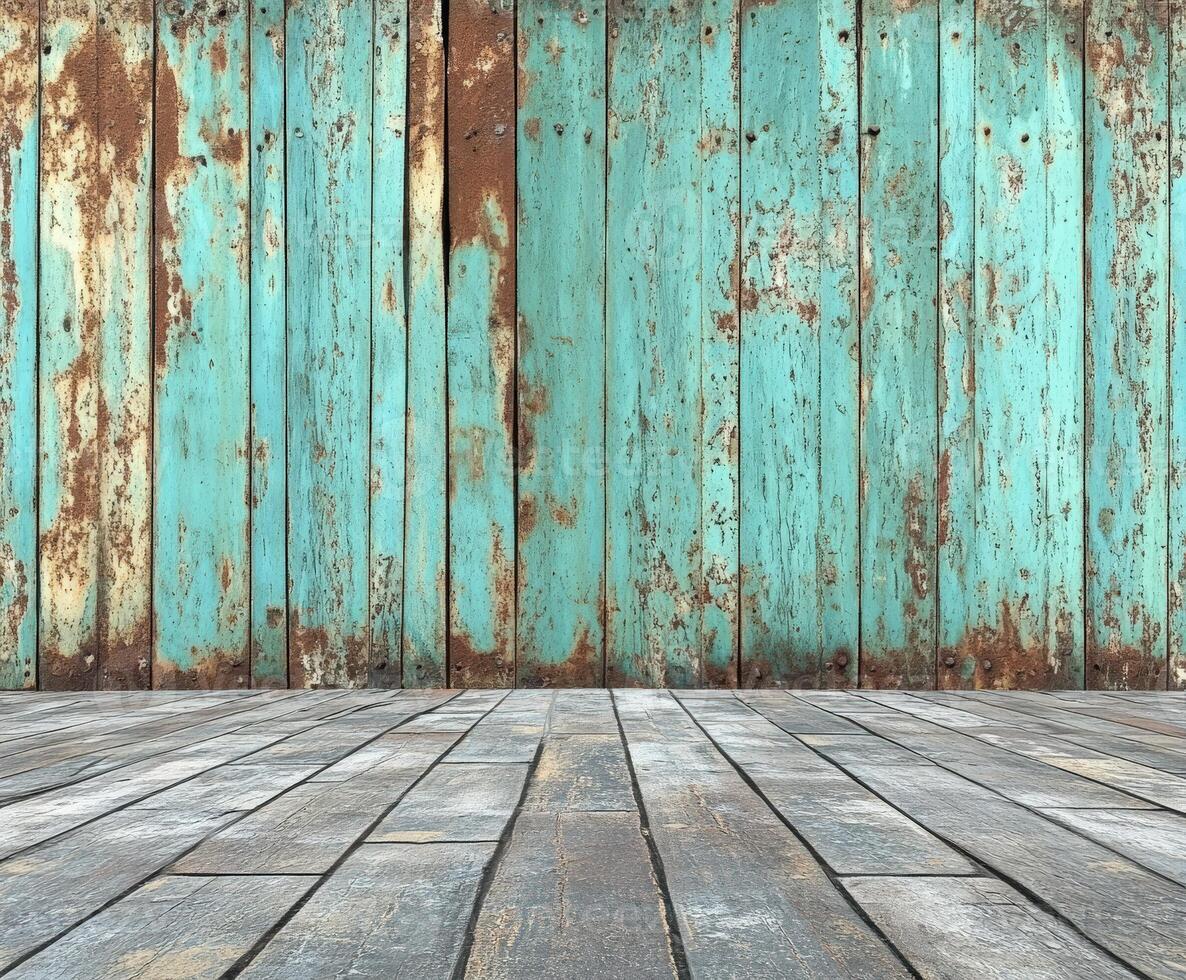 Weathered turquoise wooden wall and floor with rustic charm and texture photo