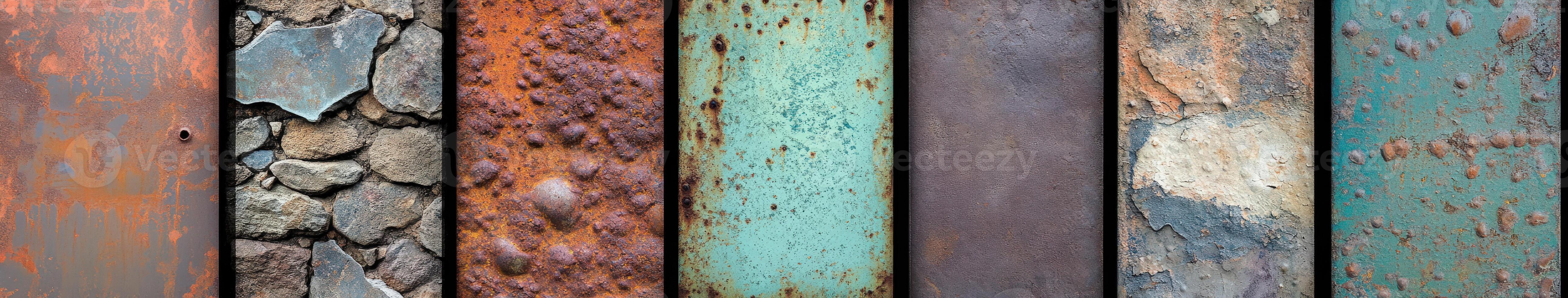 Diverse textures of aged materials showcasing rust, stone, and metal surfaces photo