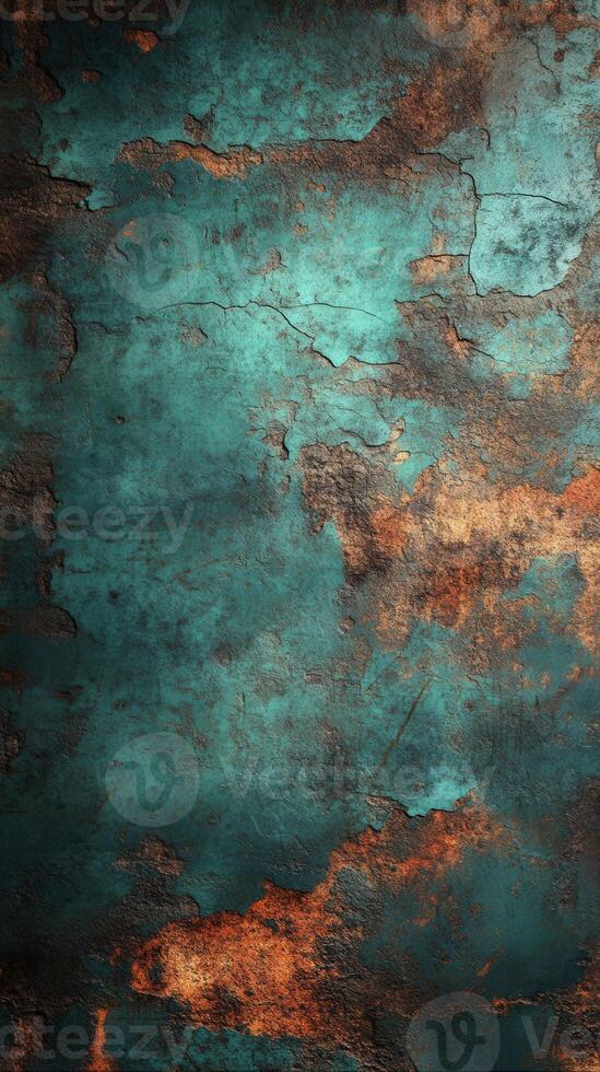 Textured wall with shades of turquoise and rust patterns in natural light photo