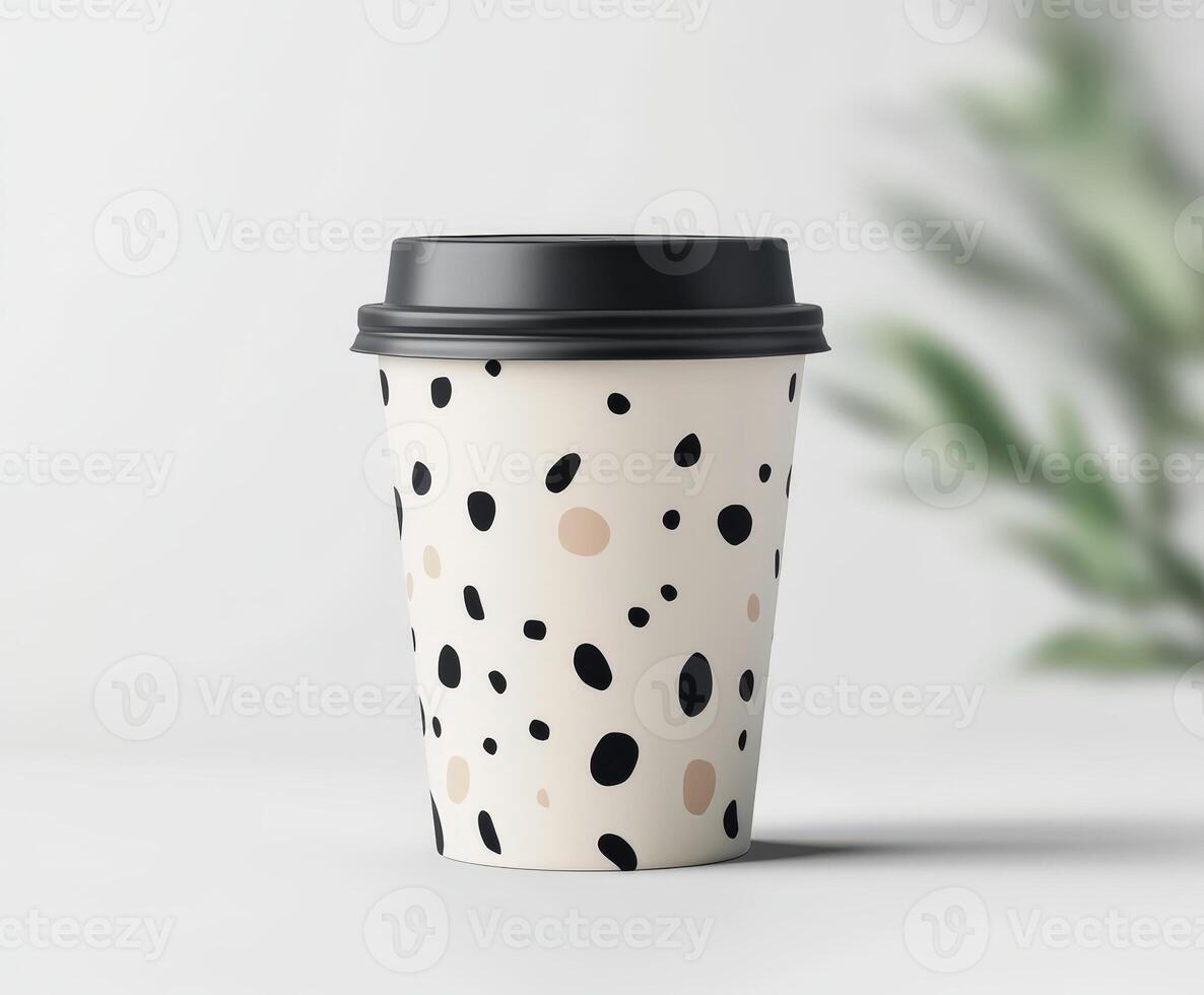 Stylish coffee cup with modern design on neutral background photo