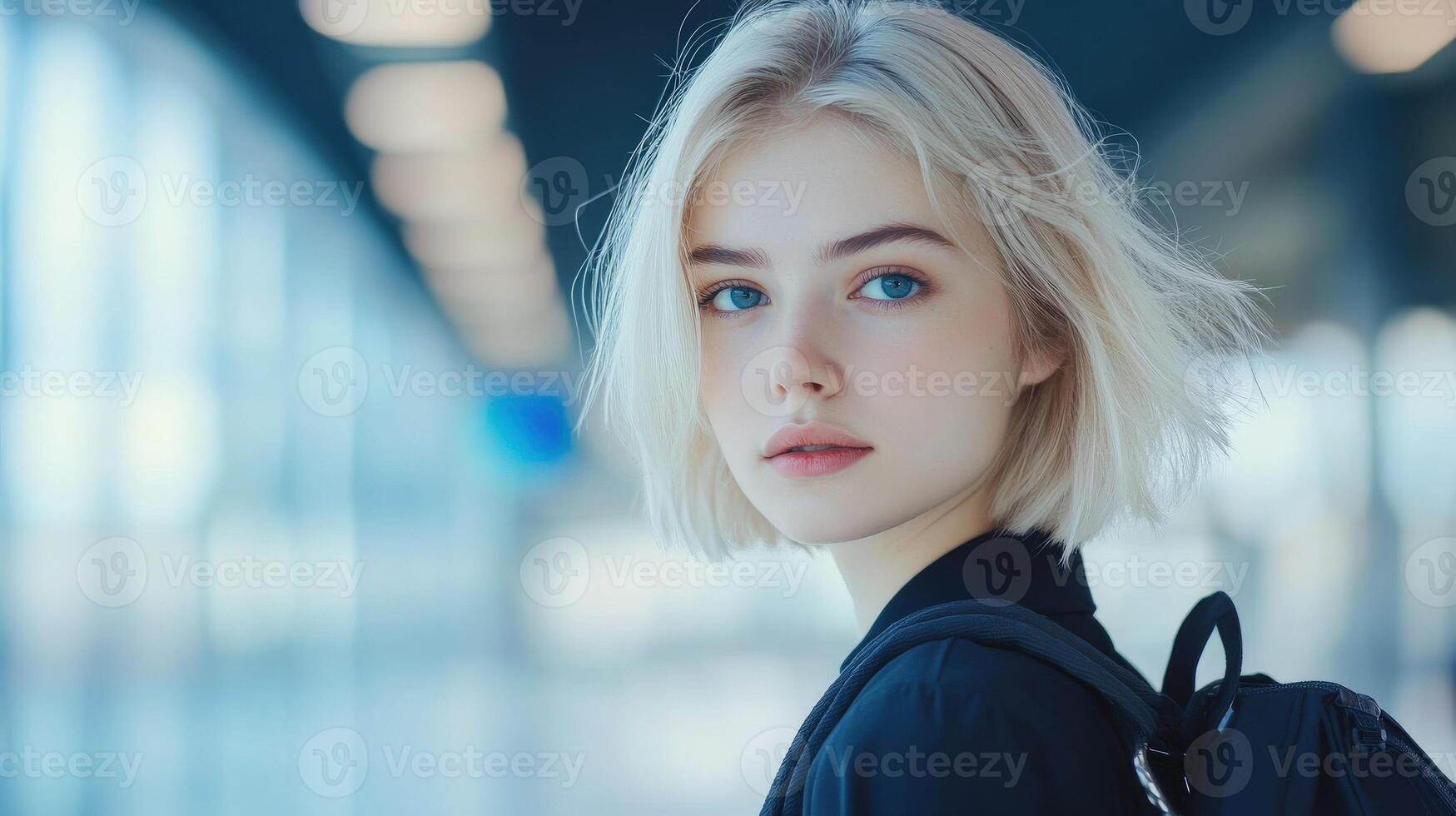 Young woman with short blonde hair posing confidently indoors photo