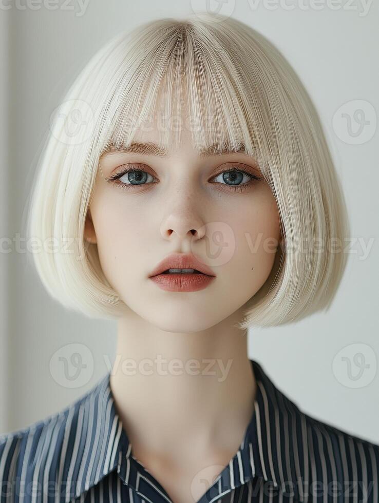 Young woman with short blonde hair poses in a stylish outfit indoors photo