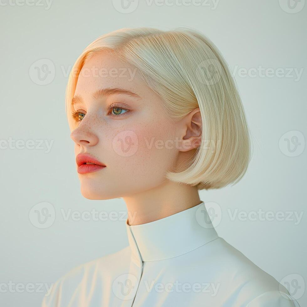 Young woman with short blonde hair posing in a minimalist studio setting photo