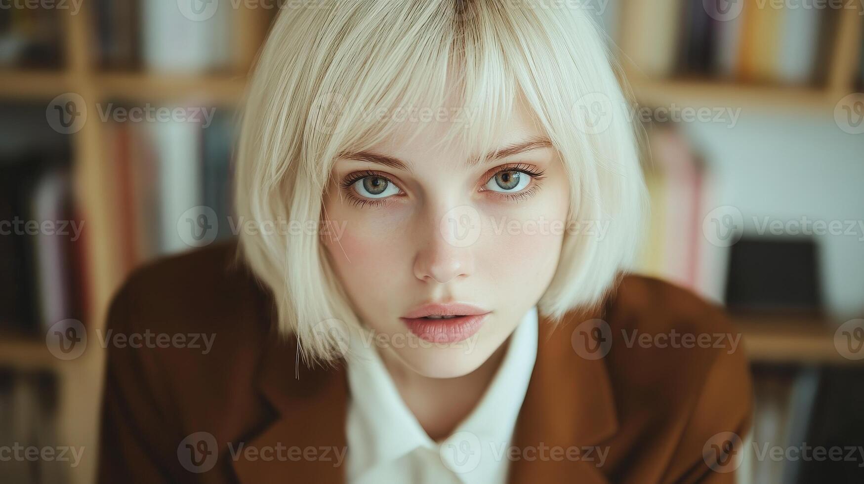 Young woman with short blonde hair gazes directly at the camera indoors photo
