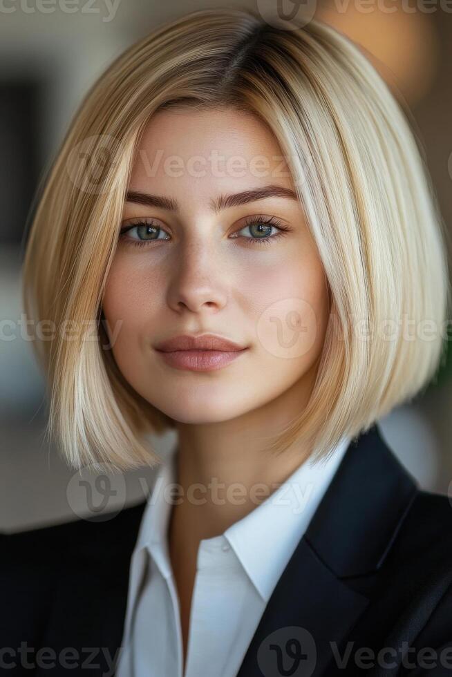 Professional portrait of a woman with blonde bob hairstyle in business attire photo
