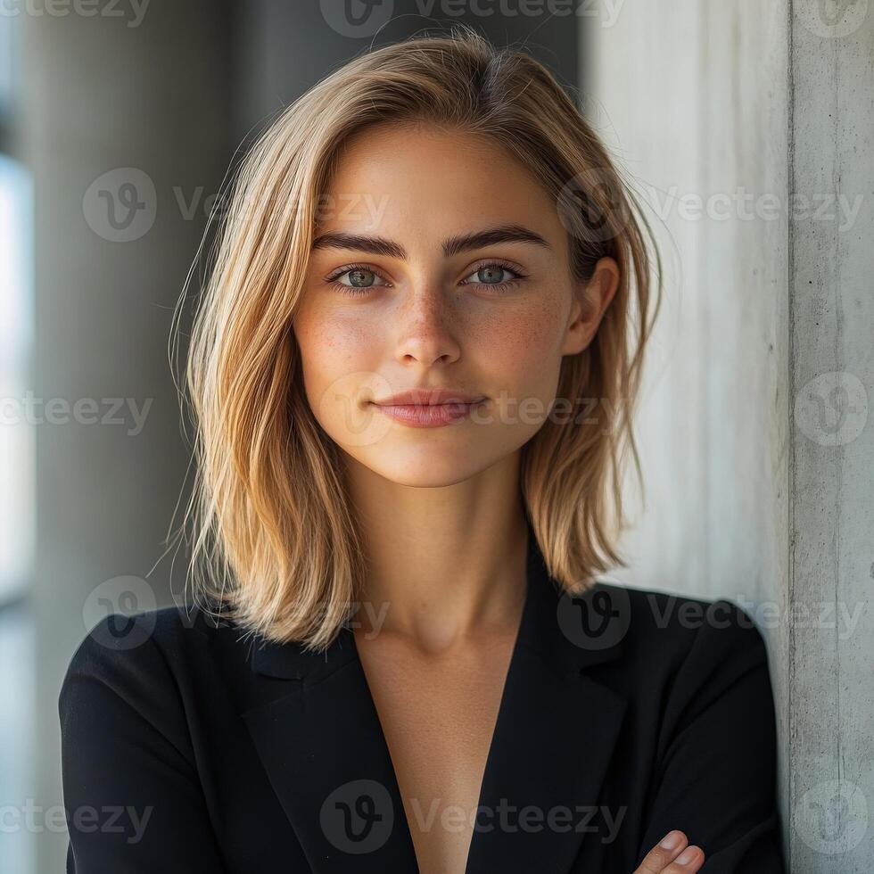 Confident young woman in a professional outfit smiles against a modern backdrop photo