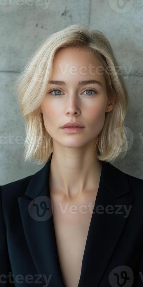 Professional portrait of a woman with blonde hair against a textured wall photo