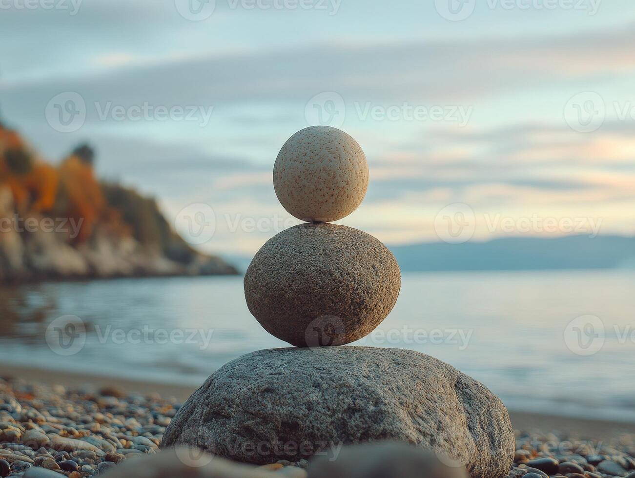 Balanced stone tower against tranquil beach backdrop at sunset photo