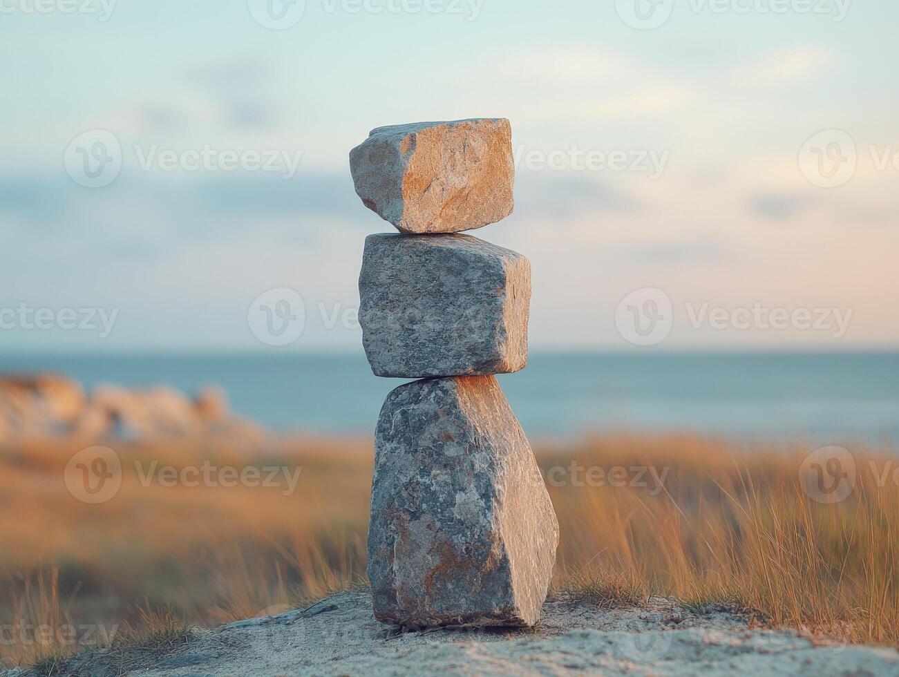 Balanced stone tower on a beach at sunset with ocean in the background photo