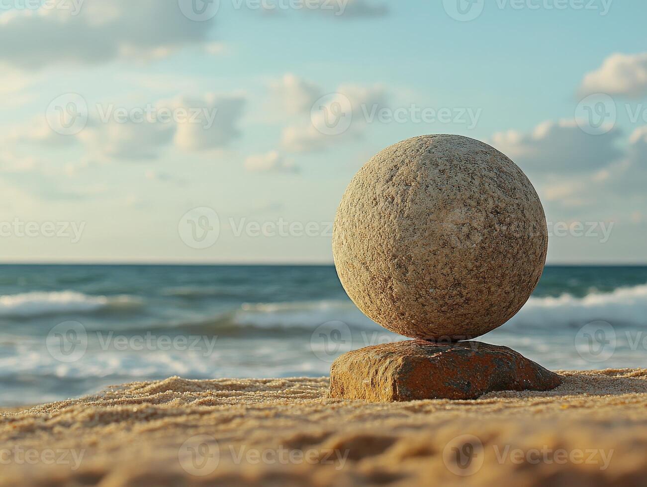 Unique stone sphere balanced on a rock near the ocean at sunset photo
