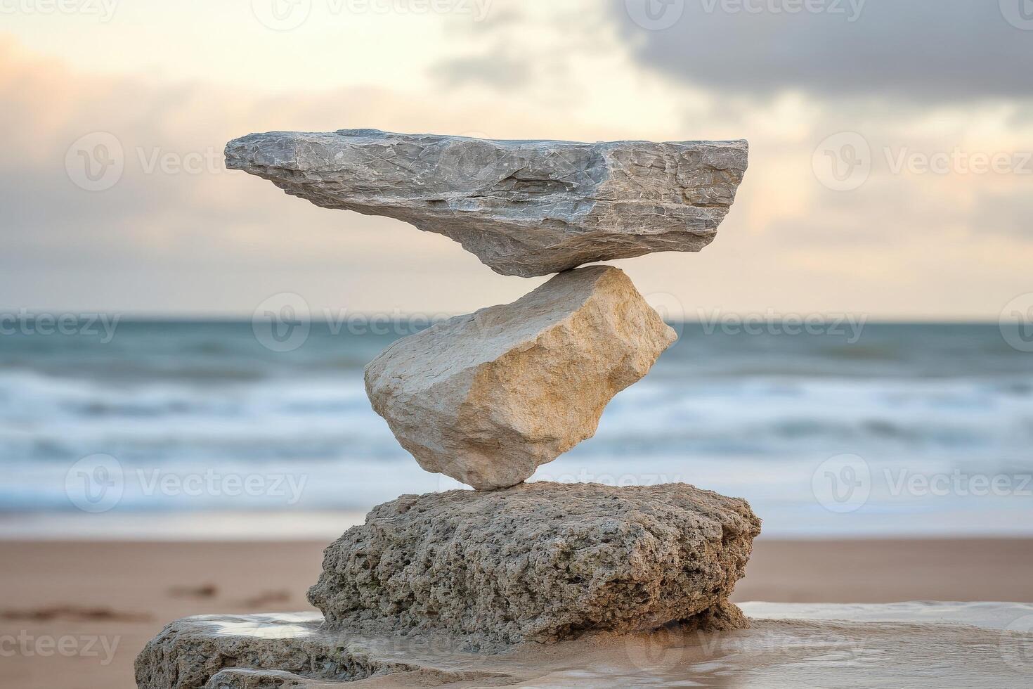 Balanced rock formation at the beach during sunset showcases nature's beauty photo