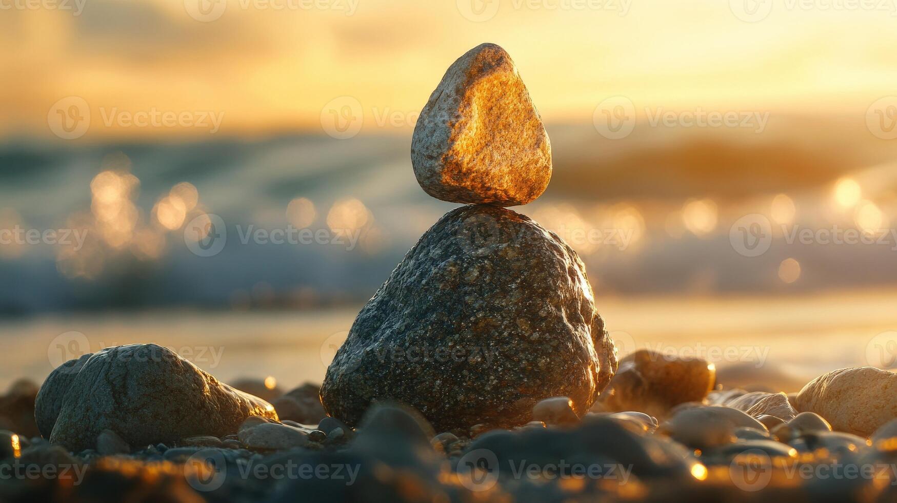 Balanced stones on a beach during sunset create a tranquil scene photo