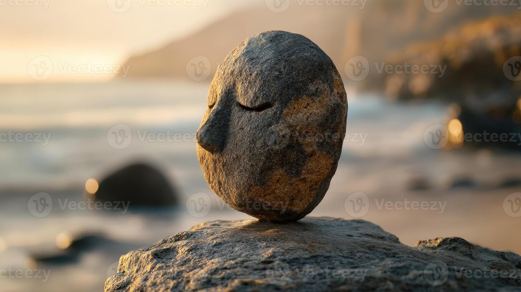 Unique stone sculpture balances on rock by the shore during sunset photo
