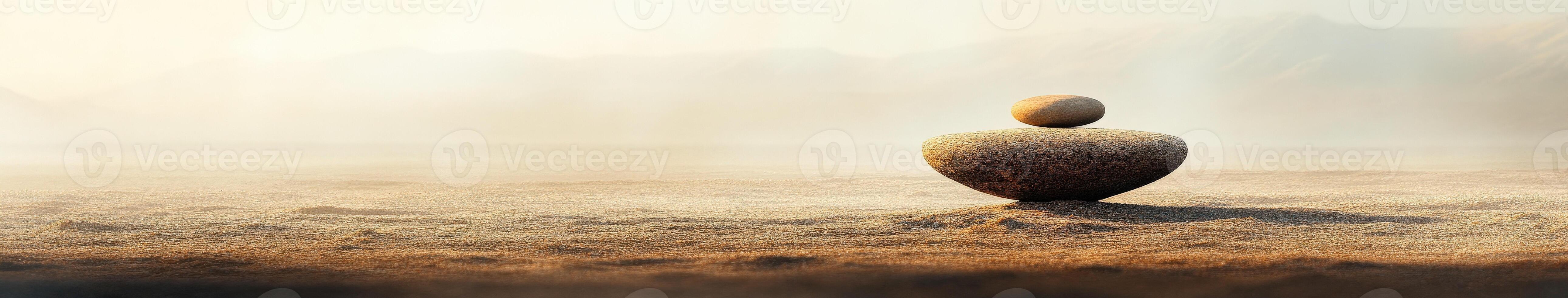 Serene stacking of stones on sandy shore at dawn photo