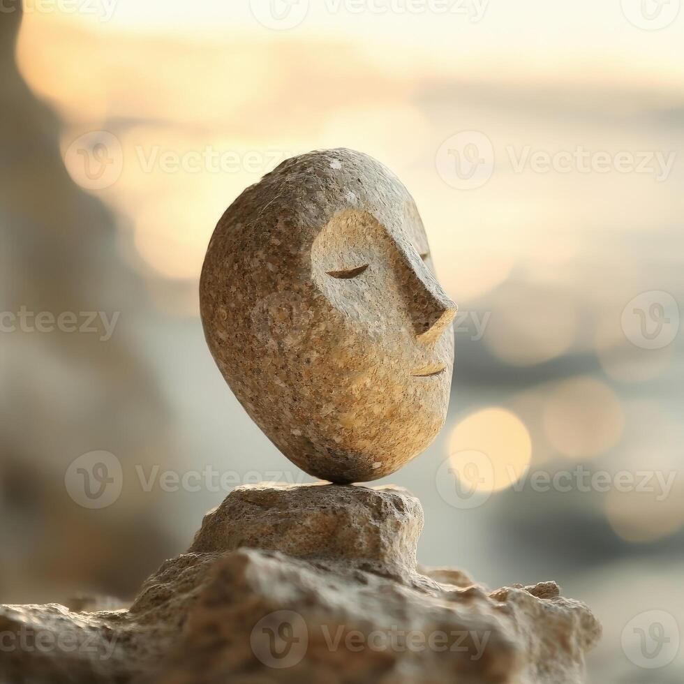 Balancing stone sculpture with serene expression at sunset by the shore photo
