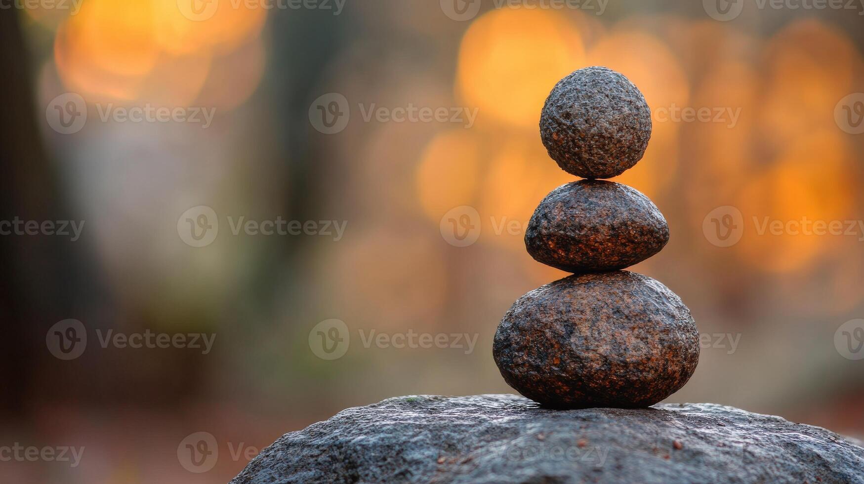 Balanced rock tower against a blurred forest background at sunset photo